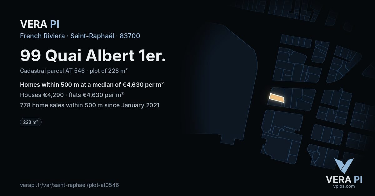 99 Quai Albert 1er, Saint-Raphaël at night – the plot lit, the parcels around coloured by the prices near them