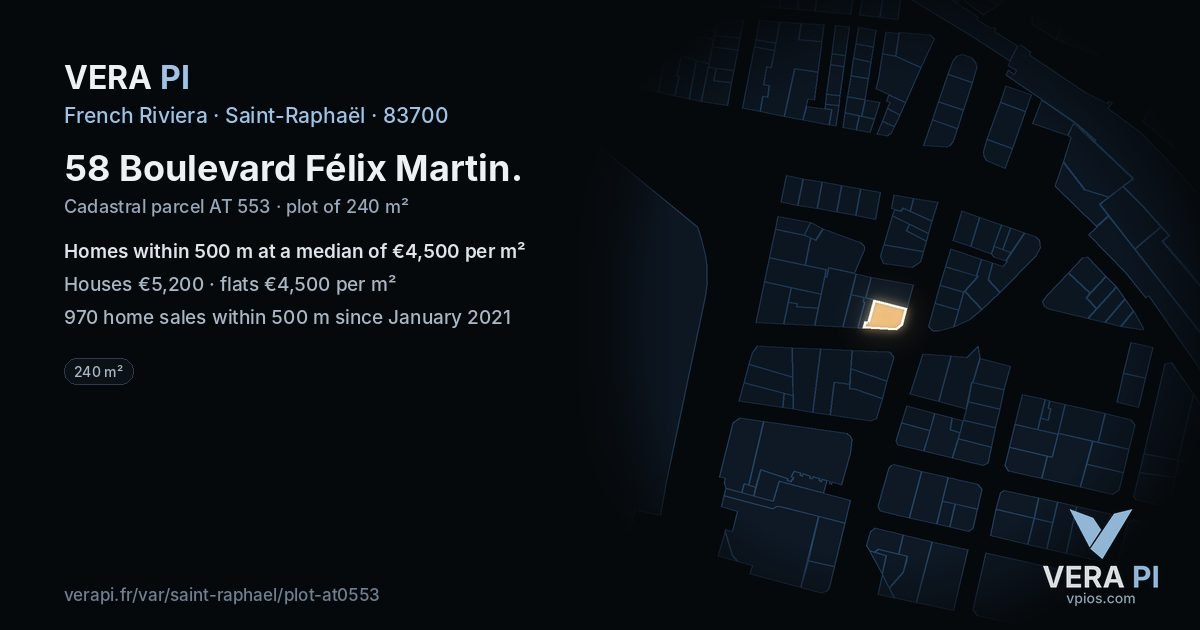 58 Boulevard Félix Martin, Saint-Raphaël at night – the plot lit, the parcels around coloured by the prices near them