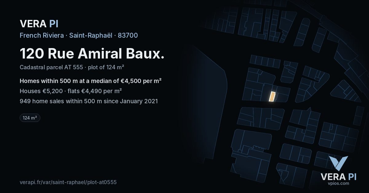 120 Rue Amiral Baux, Saint-Raphaël at night – the plot lit, the parcels around coloured by the prices near them