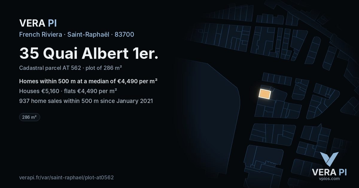 35 Quai Albert 1er, Saint-Raphaël at night – the plot lit, the parcels around coloured by the prices near them