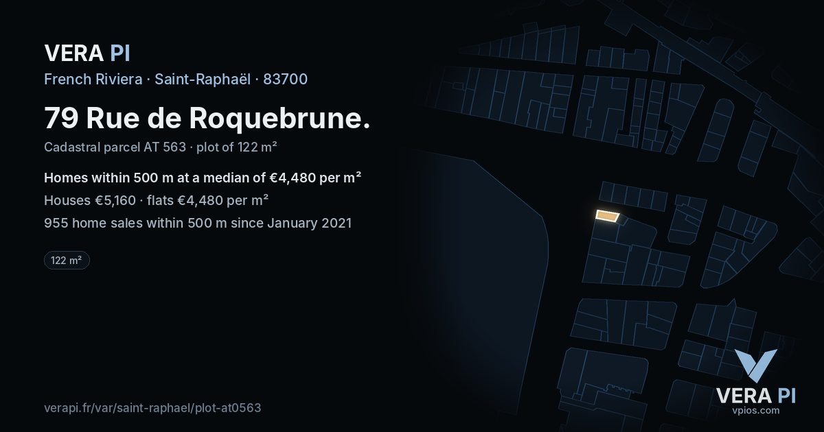 79 Rue de Roquebrune, Saint-Raphaël at night – the plot lit, the parcels around coloured by the prices near them