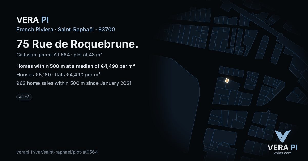 75 Rue de Roquebrune, Saint-Raphaël at night – the plot lit, the parcels around coloured by the prices near them