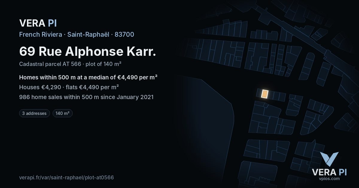69 Rue Alphonse Karr, Saint-Raphaël at night – the plot lit, the parcels around coloured by the prices near them