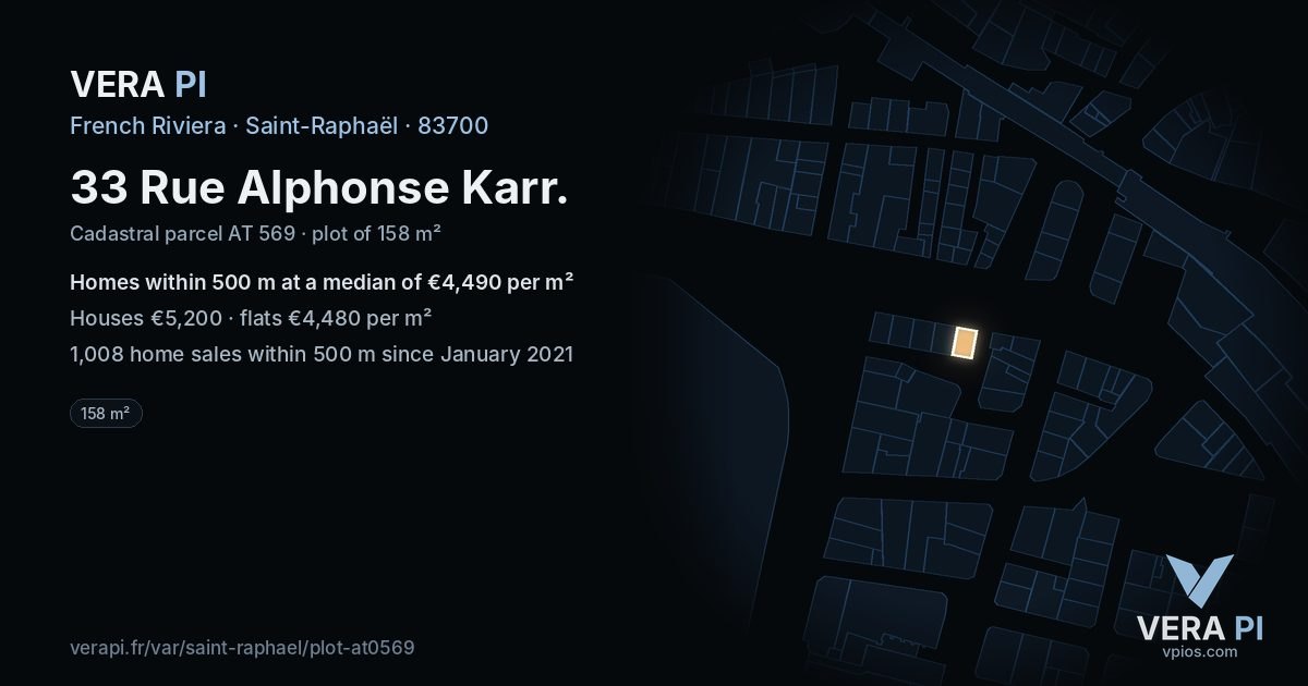 33 Rue Alphonse Karr, Saint-Raphaël at night – the plot lit, the parcels around coloured by the prices near them