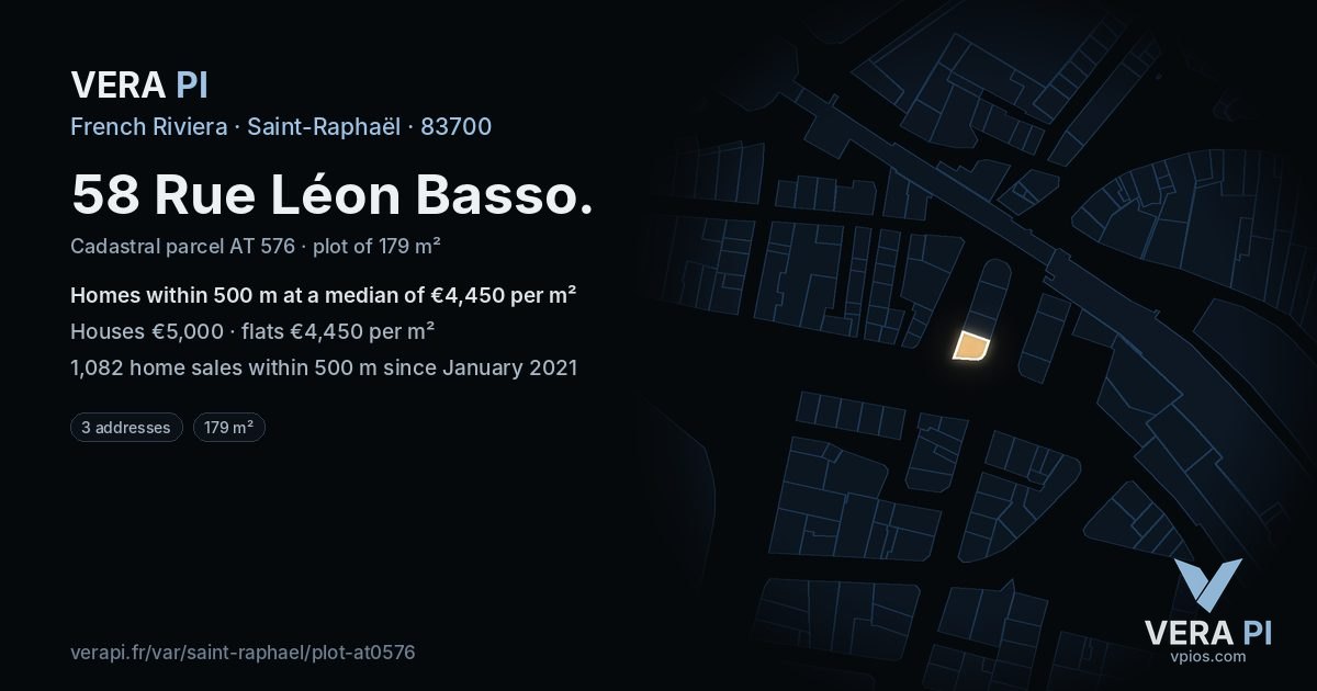 58 Rue Léon Basso, Saint-Raphaël at night – the plot lit, the parcels around coloured by the prices near them