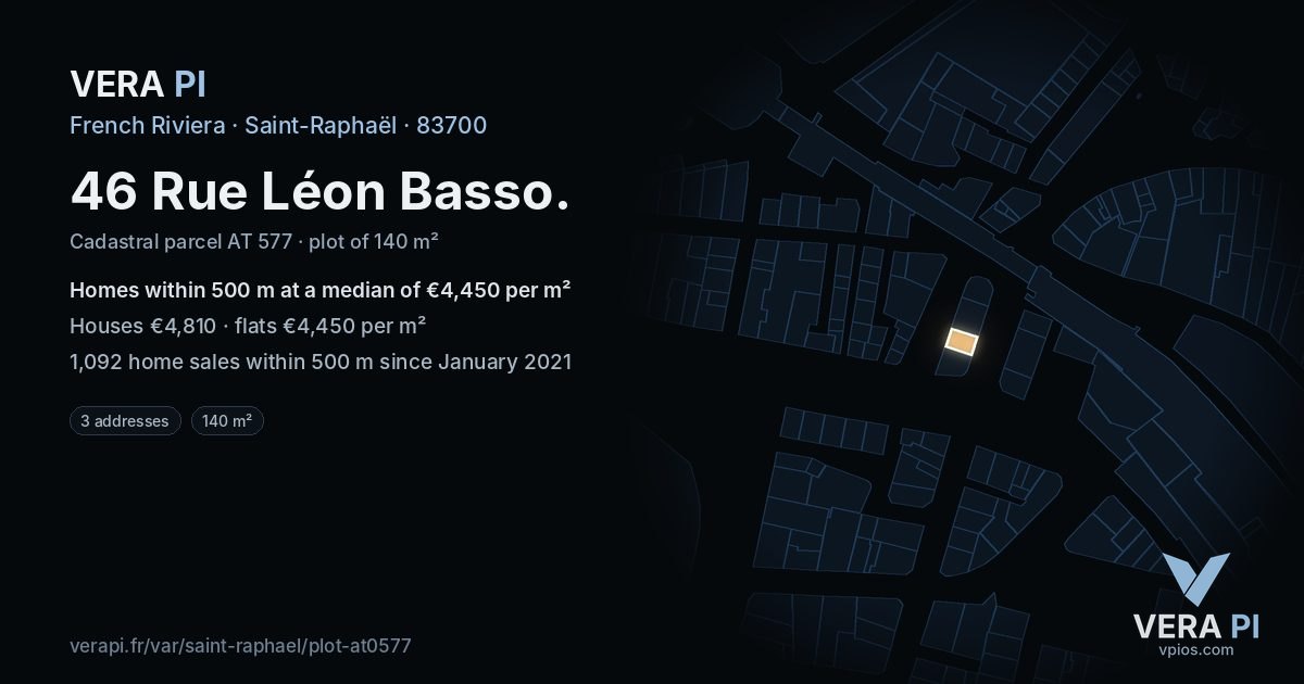 46 Rue Léon Basso, Saint-Raphaël at night – the plot lit, the parcels around coloured by the prices near them
