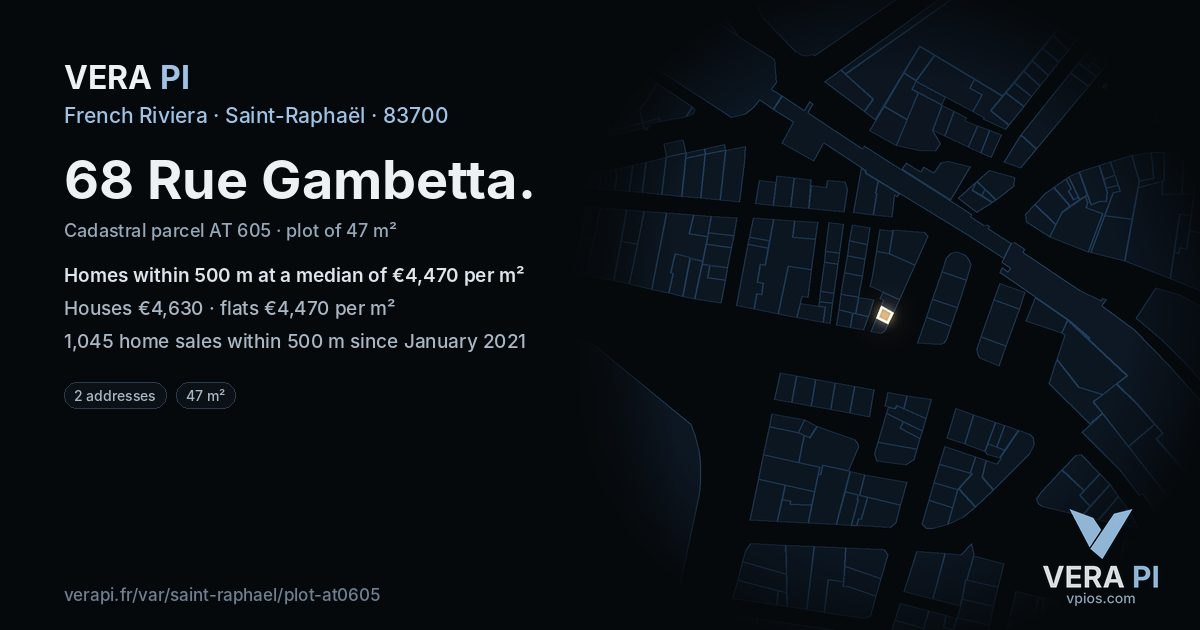 68 Rue Gambetta, Saint-Raphaël at night – the plot lit, the parcels around coloured by the prices near them