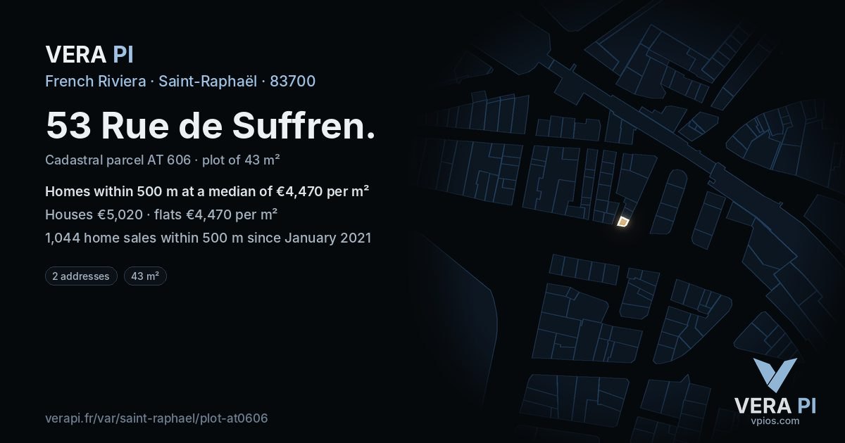 53 Rue de Suffren, Saint-Raphaël at night – the plot lit, the parcels around coloured by the prices near them