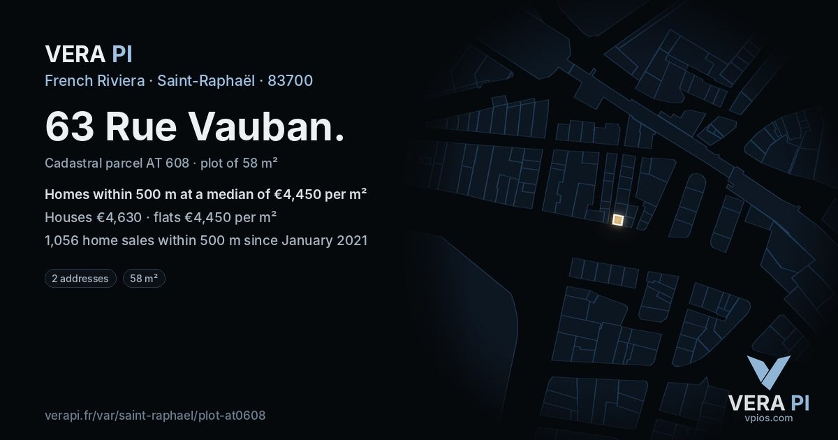 63 Rue Vauban, Saint-Raphaël at night – the plot lit, the parcels around coloured by the prices near them