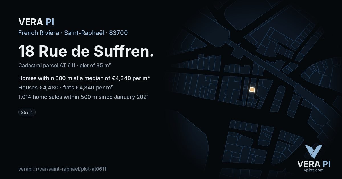 18 Rue de Suffren, Saint-Raphaël at night – the plot lit, the parcels around coloured by the prices near them