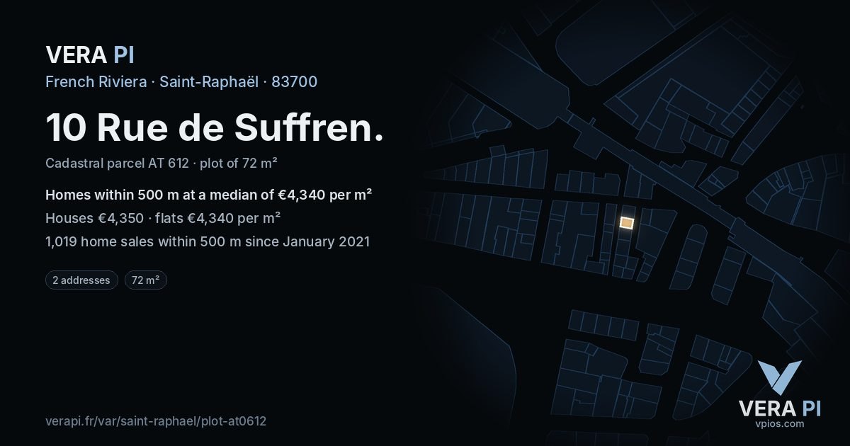 10 Rue de Suffren, Saint-Raphaël at night – the plot lit, the parcels around coloured by the prices near them