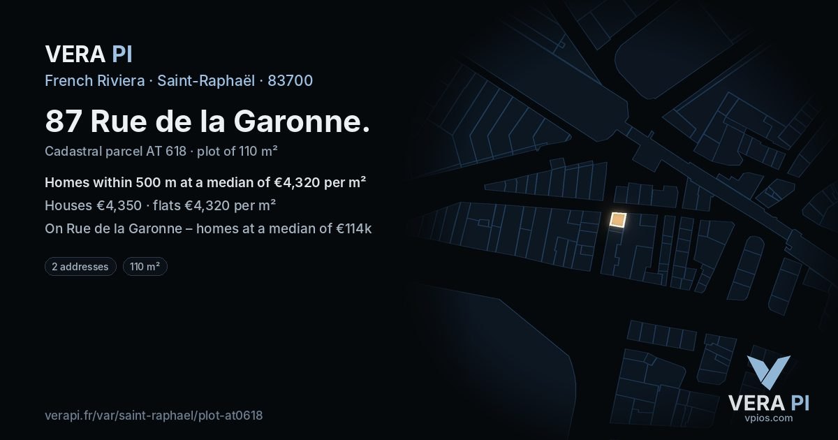 87 Rue de la Garonne, Saint-Raphaël at night – the plot lit, the parcels around coloured by the prices near them
