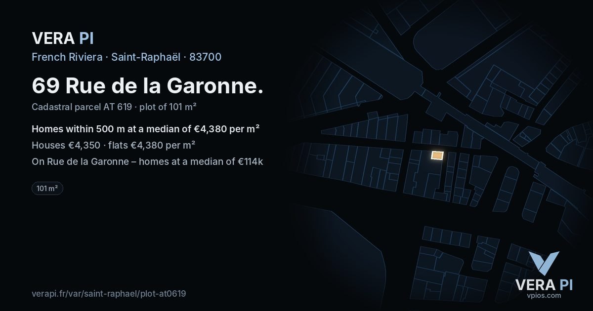 69 Rue de la Garonne, Saint-Raphaël at night – the plot lit, the parcels around coloured by the prices near them