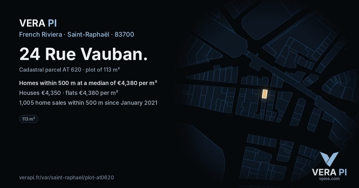 24 Rue Vauban, Saint-Raphaël at night – the plot lit, the parcels around coloured by the prices near them