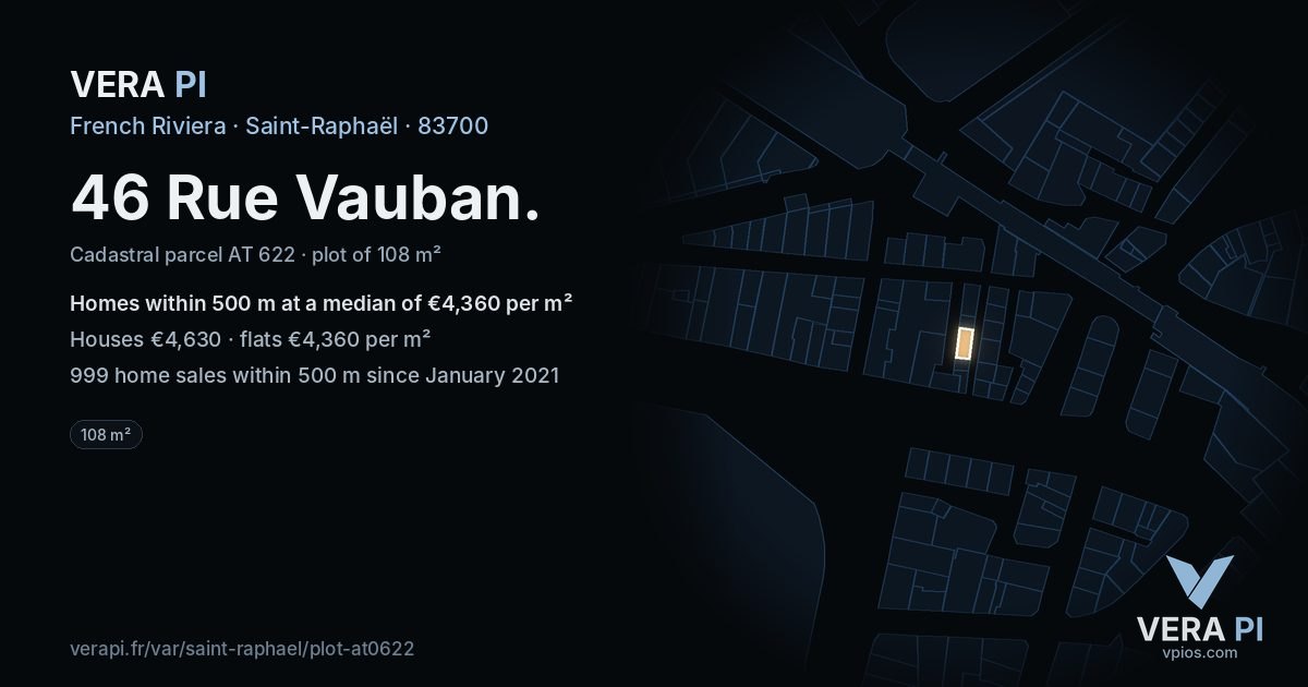 46 Rue Vauban, Saint-Raphaël at night – the plot lit, the parcels around coloured by the prices near them