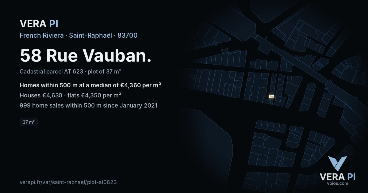 58 Rue Vauban, Saint-Raphaël at night – the plot lit, the parcels around coloured by the prices near them