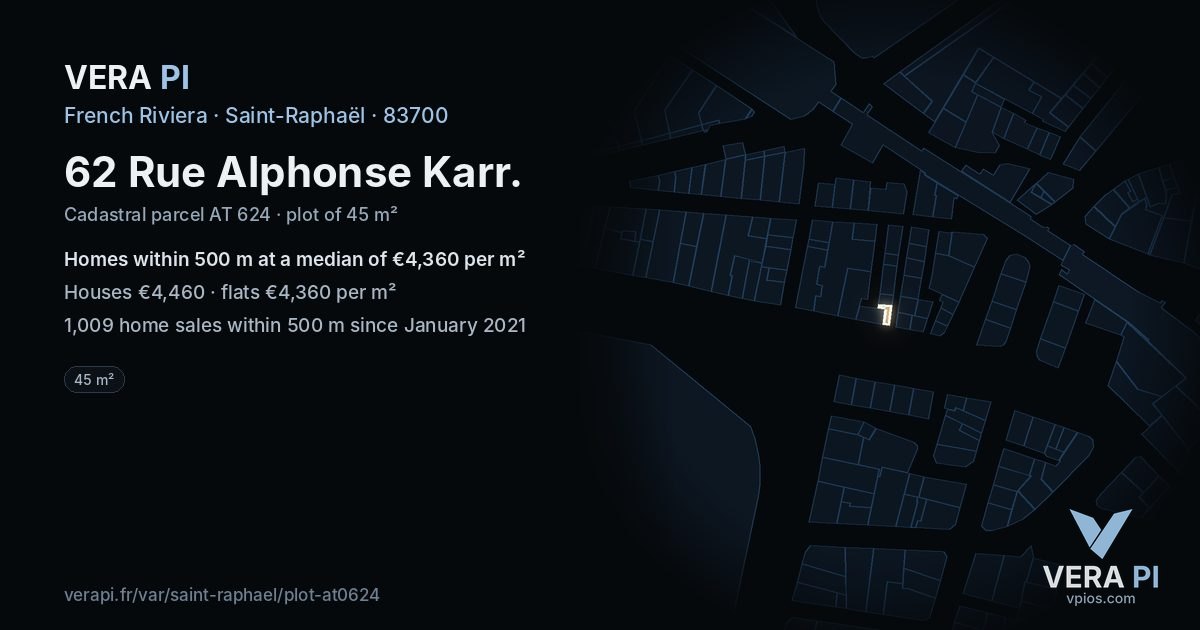 62 Rue Alphonse Karr, Saint-Raphaël at night – the plot lit, the parcels around coloured by the prices near them