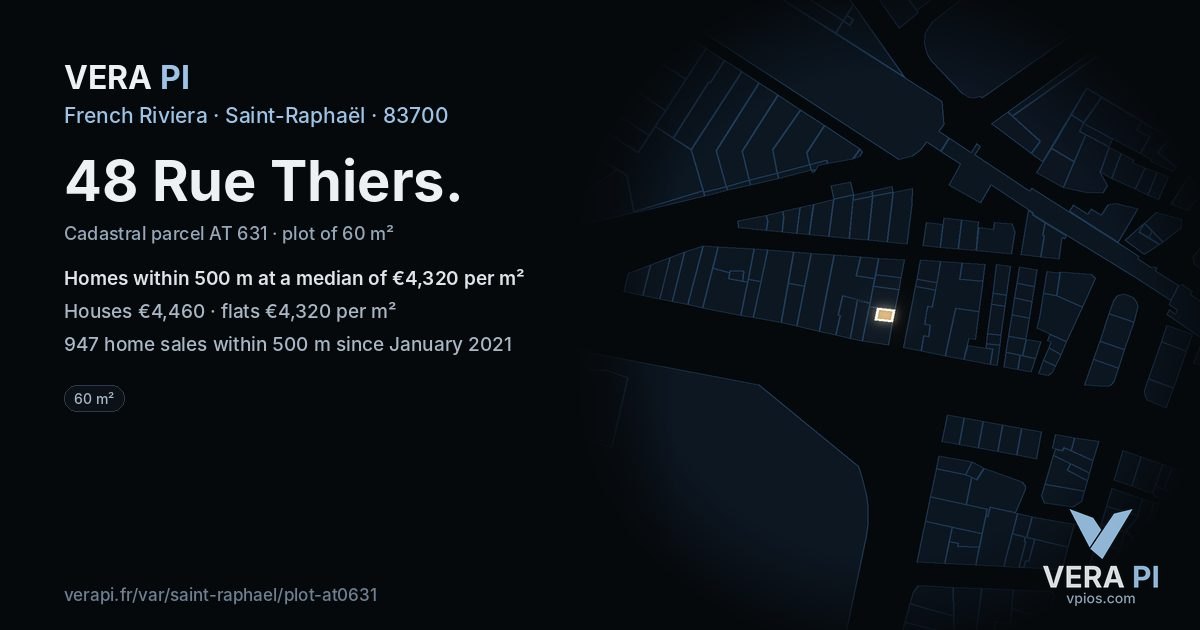 48 Rue Thiers, Saint-Raphaël at night – the plot lit, the parcels around coloured by the prices near them