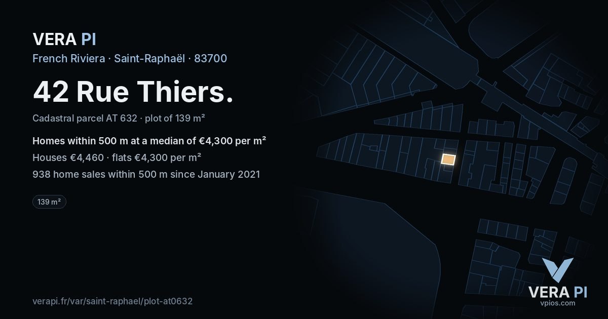 42 Rue Thiers, Saint-Raphaël at night – the plot lit, the parcels around coloured by the prices near them