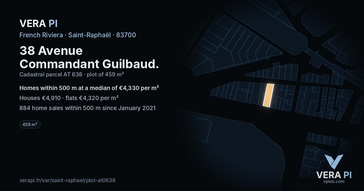 38 Avenue Commandant Guilbaud, Saint-Raphaël at night – the plot lit, the parcels around coloured by the prices near them