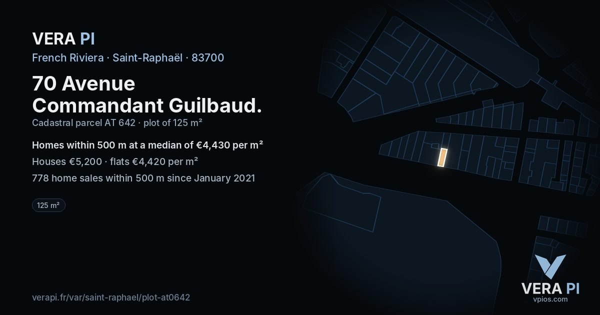 70 Avenue Commandant Guilbaud, Saint-Raphaël at night – the plot lit, the parcels around coloured by the prices near them
