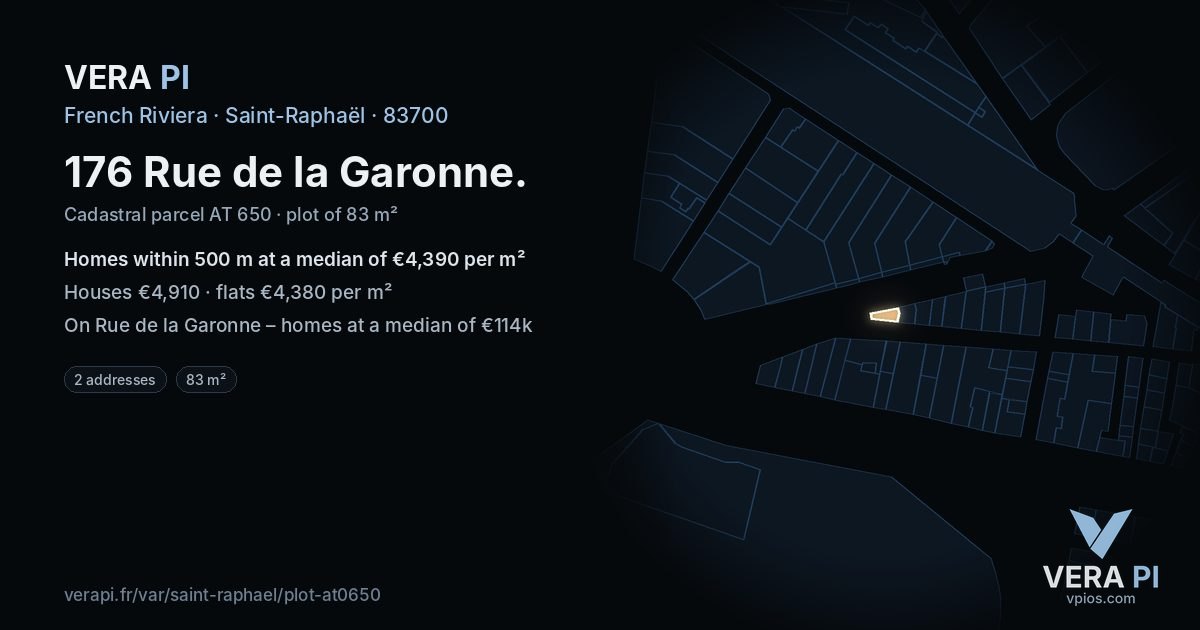 176 Rue de la Garonne, Saint-Raphaël at night – the plot lit, the parcels around coloured by the prices near them