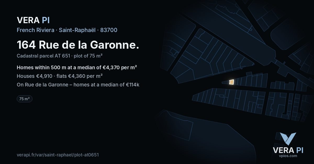 164 Rue de la Garonne, Saint-Raphaël at night – the plot lit, the parcels around coloured by the prices near them