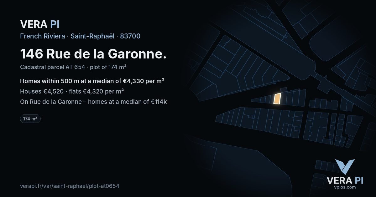 146 Rue de la Garonne, Saint-Raphaël at night – the plot lit, the parcels around coloured by the prices near them