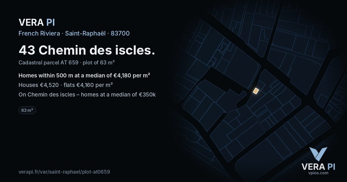 43 Chemin des iscles, Saint-Raphaël at night – the plot lit, the parcels around coloured by the prices near them