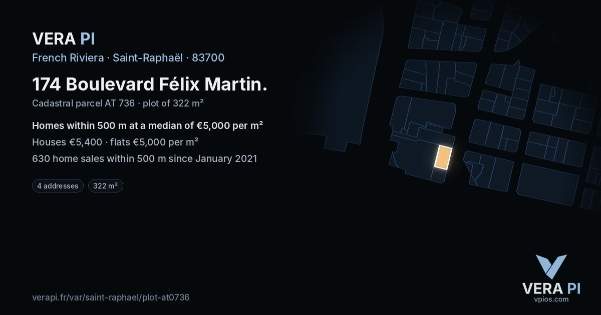 174 Boulevard Félix Martin, Saint-Raphaël at night – the plot lit, the parcels around coloured by the prices near them