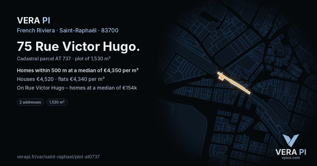 75 Rue Victor Hugo, Saint-Raphaël at night – the plot lit, the parcels around coloured by the prices near them