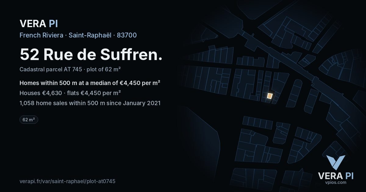 52 Rue de Suffren, Saint-Raphaël at night – the plot lit, the parcels around coloured by the prices near them