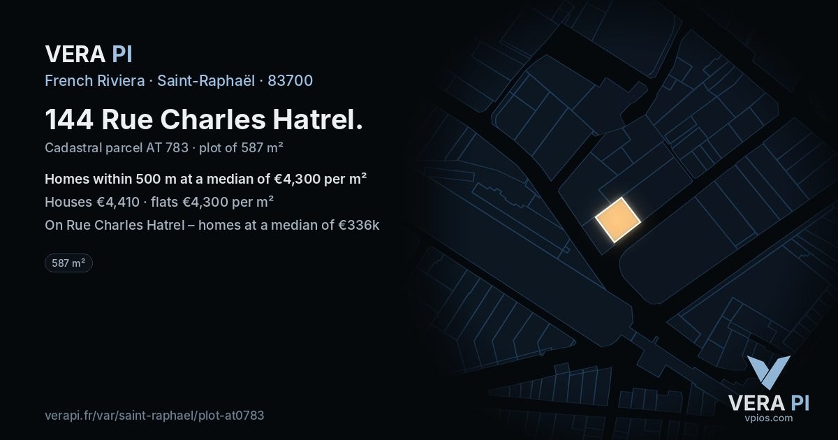 144 Rue Charles Hatrel, Saint-Raphaël at night – the plot lit, the parcels around coloured by the prices near them