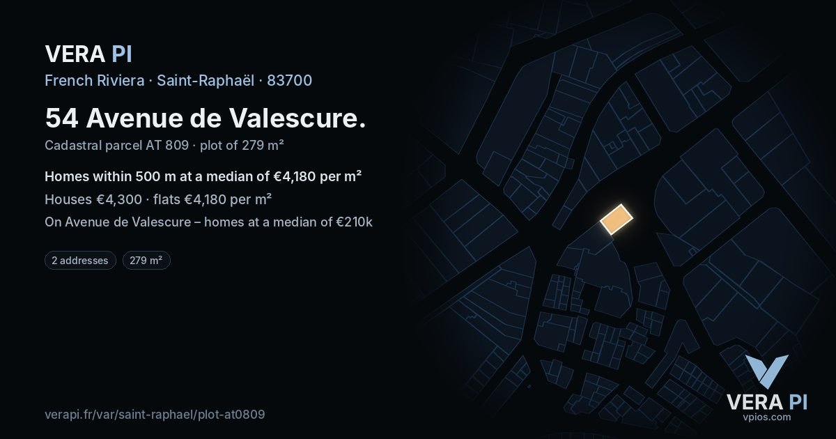 54 Avenue de Valescure, Saint-Raphaël at night – the plot lit, the parcels around coloured by the prices near them