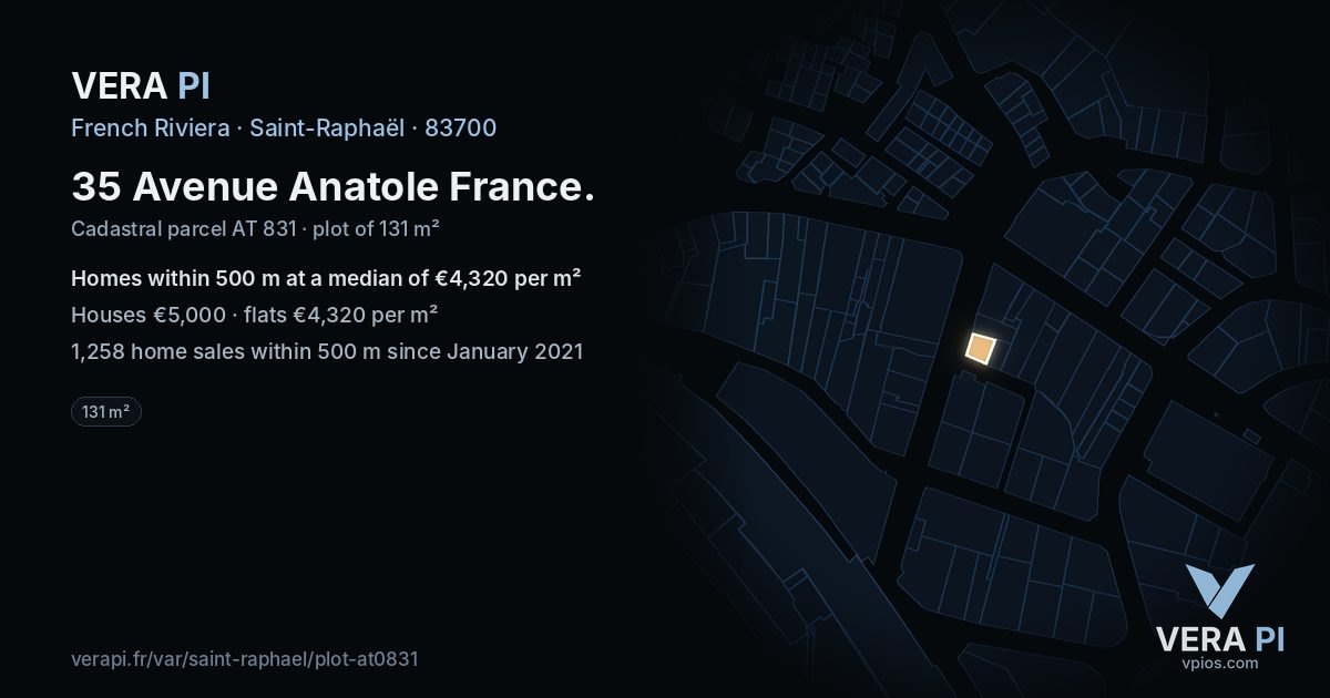 35 Avenue Anatole France, Saint-Raphaël at night – the plot lit, the parcels around coloured by the prices near them