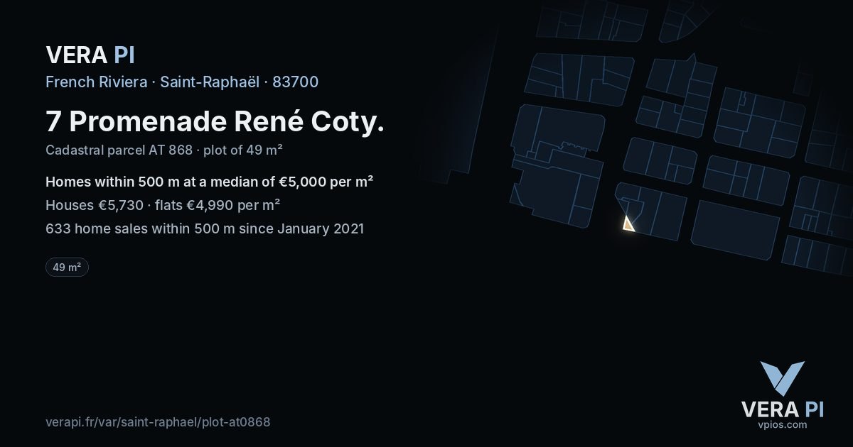 7 Promenade René Coty, Saint-Raphaël at night – the plot lit, the parcels around coloured by the prices near them