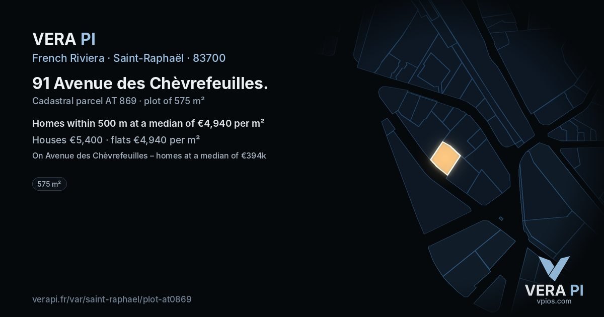 91 Avenue des Chèvrefeuilles, Saint-Raphaël at night – the plot lit, the parcels around coloured by the prices near them