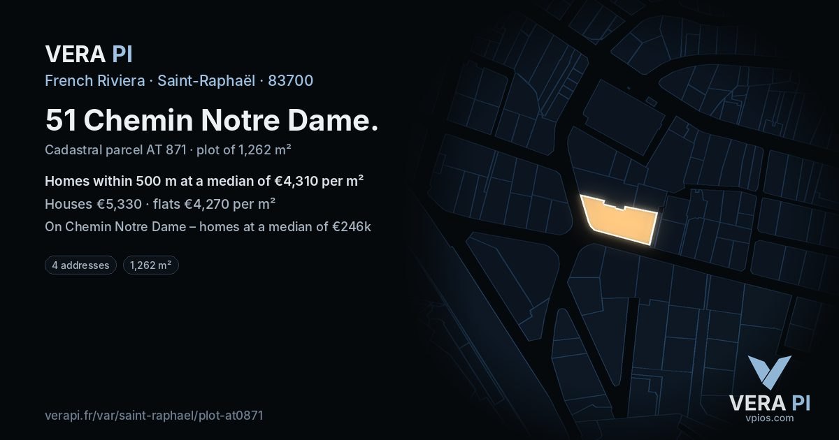 51 Chemin Notre Dame, Saint-Raphaël at night – the plot lit, the parcels around coloured by the prices near them