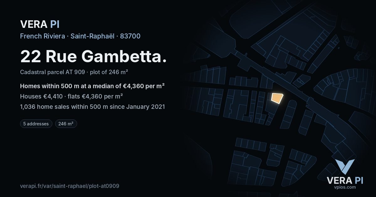 22 Rue Gambetta, Saint-Raphaël at night – the plot lit, the parcels around coloured by the prices near them