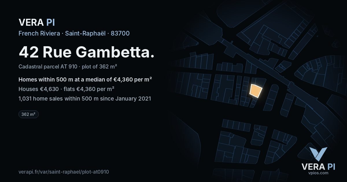 42 Rue Gambetta, Saint-Raphaël at night – the plot lit, the parcels around coloured by the prices near them