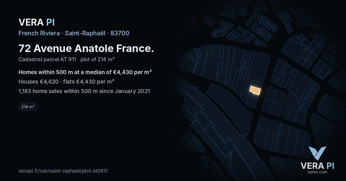72 Avenue Anatole France, Saint-Raphaël at night – the plot lit, the parcels around coloured by the prices near them