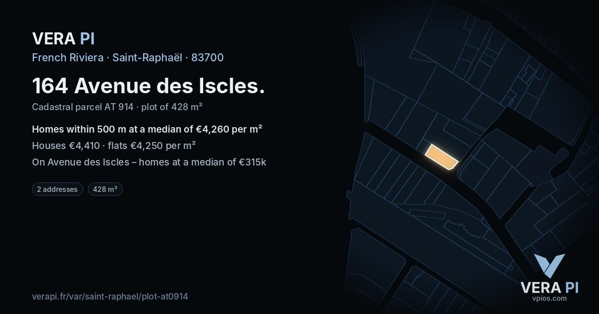 164 Avenue des Iscles, Saint-Raphaël at night – the plot lit, the parcels around coloured by the prices near them