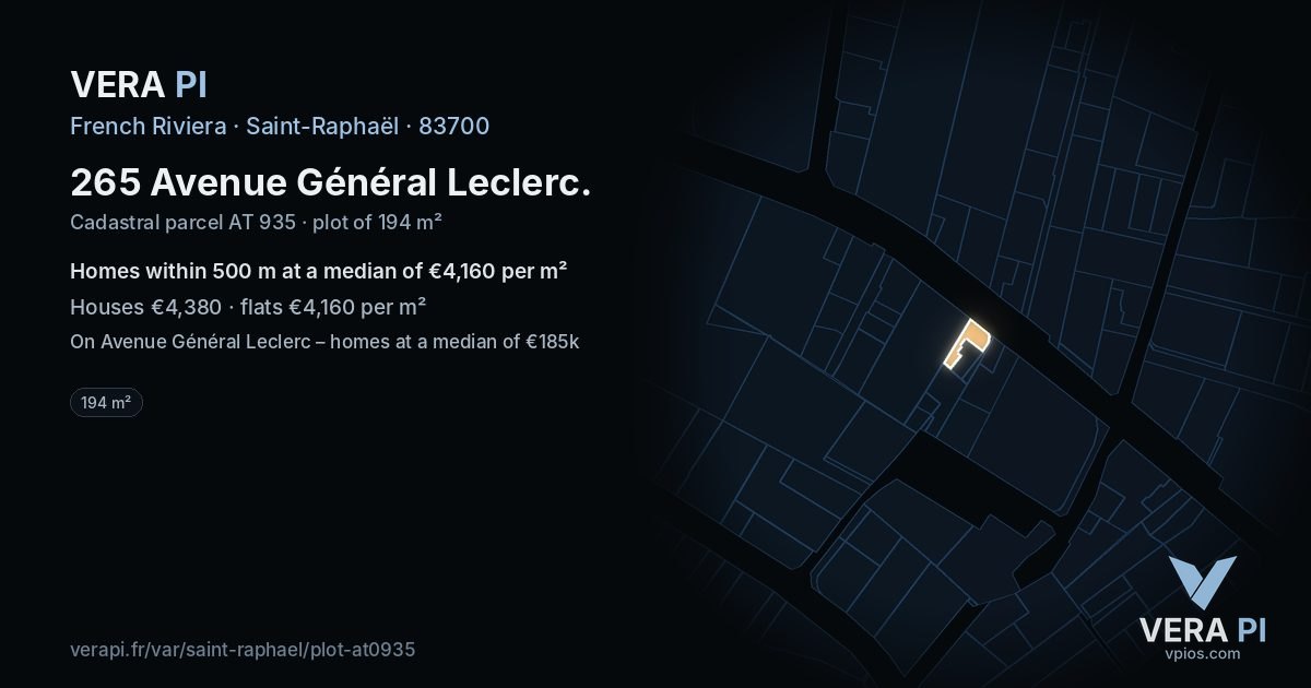 265 Avenue Général Leclerc, Saint-Raphaël at night – the plot lit, the parcels around coloured by the prices near them
