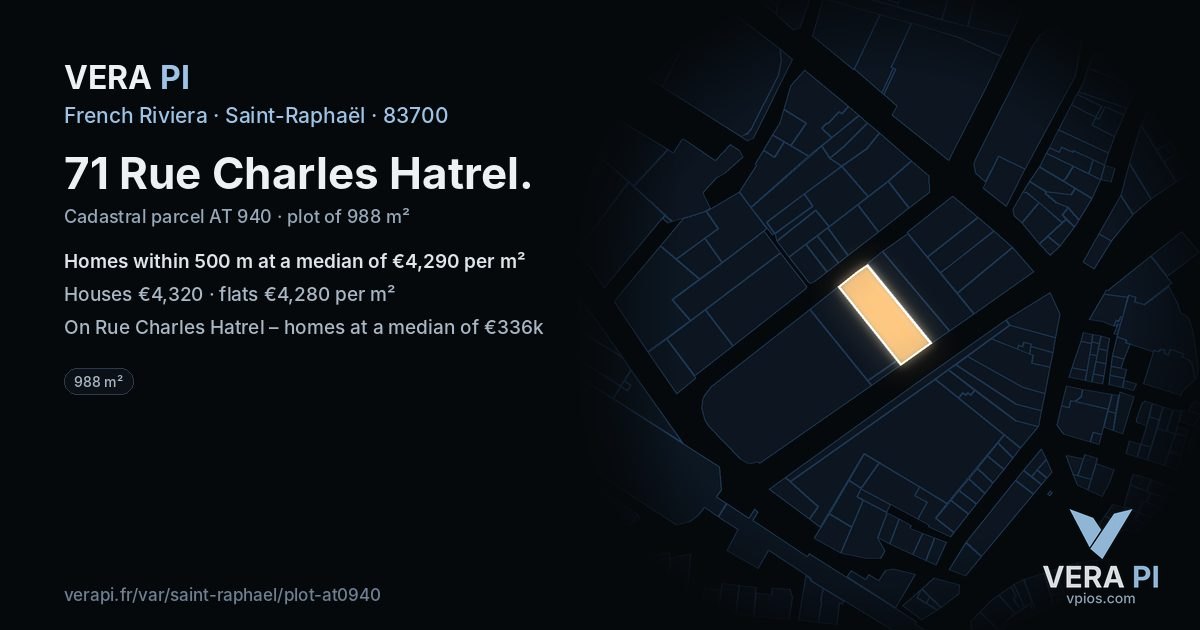71 Rue Charles Hatrel, Saint-Raphaël at night – the plot lit, the parcels around coloured by the prices near them