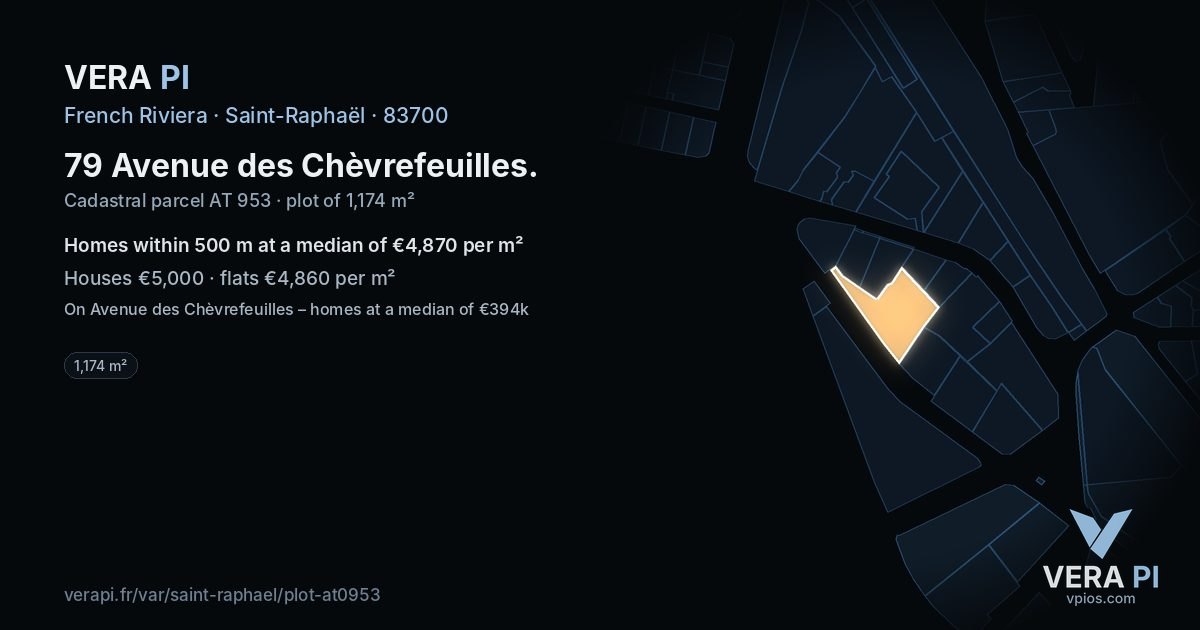 79 Avenue des Chèvrefeuilles, Saint-Raphaël at night – the plot lit, the parcels around coloured by the prices near them