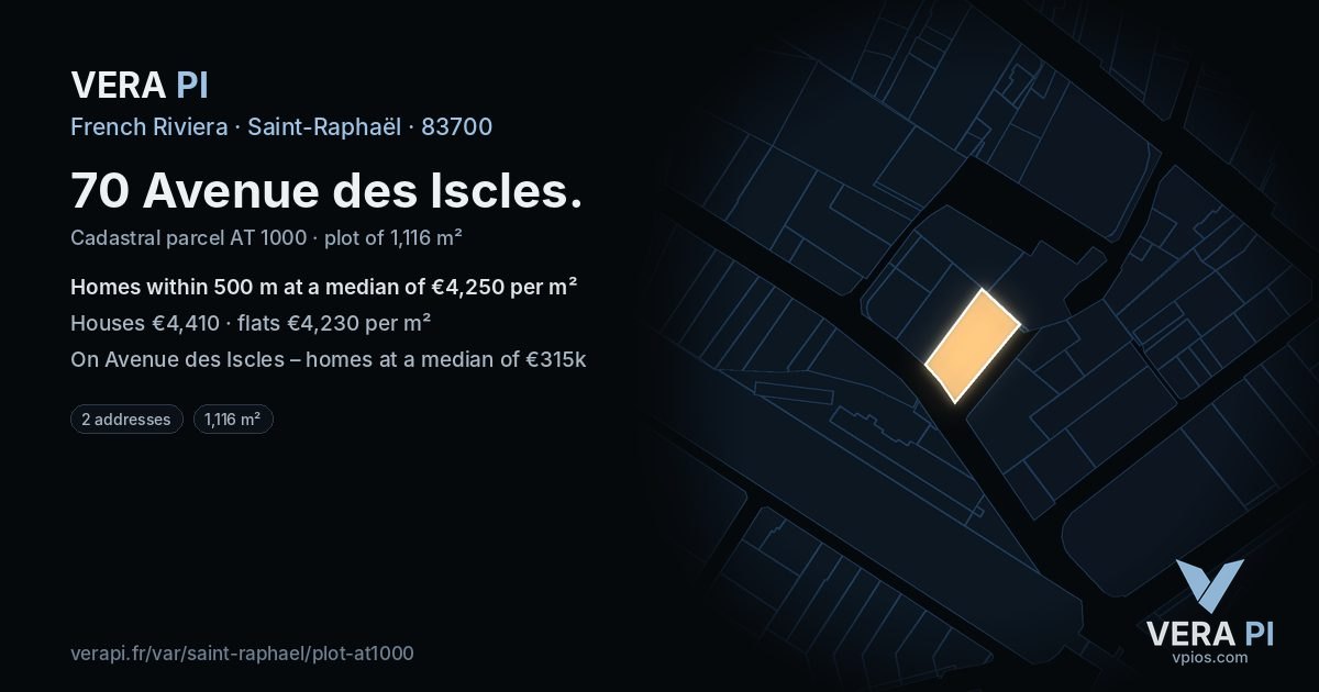 70 Avenue des Iscles, Saint-Raphaël at night – the plot lit, the parcels around coloured by the prices near them