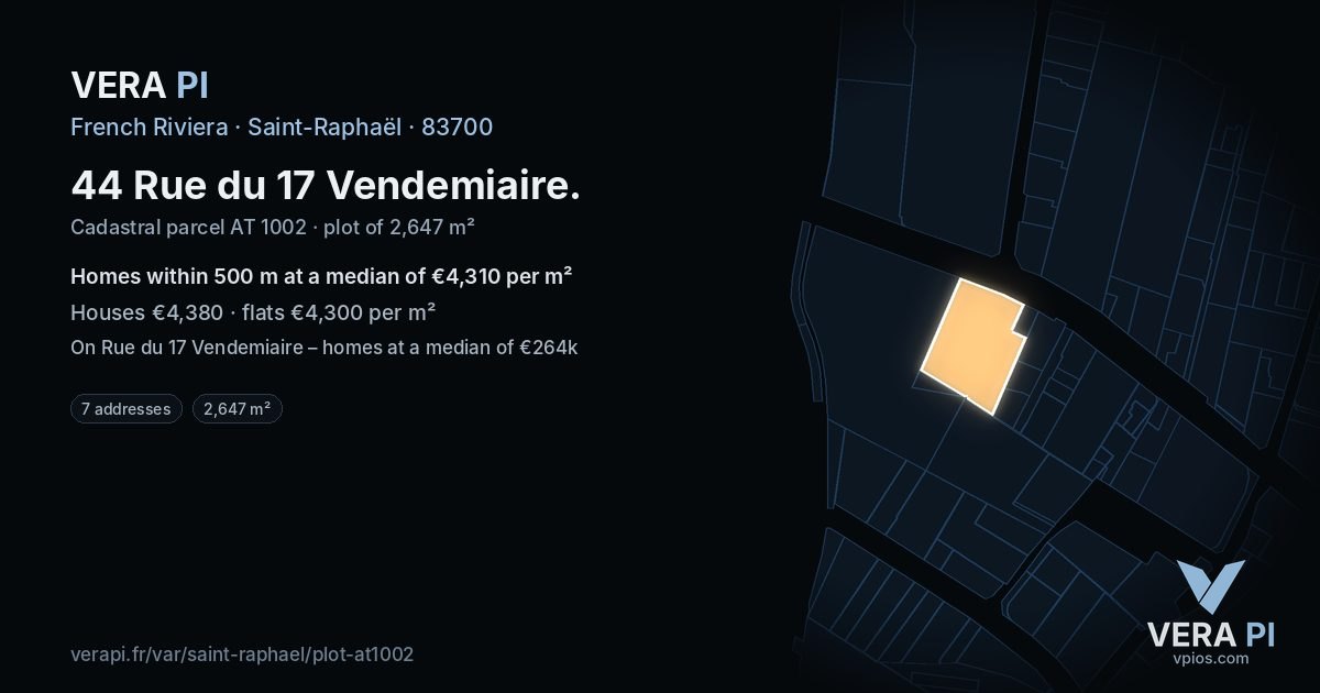 44 Rue du 17 Vendemiaire, Saint-Raphaël at night – the plot lit, the parcels around coloured by the prices near them