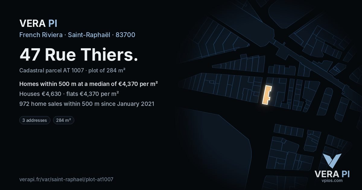 47 Rue Thiers, Saint-Raphaël at night – the plot lit, the parcels around coloured by the prices near them