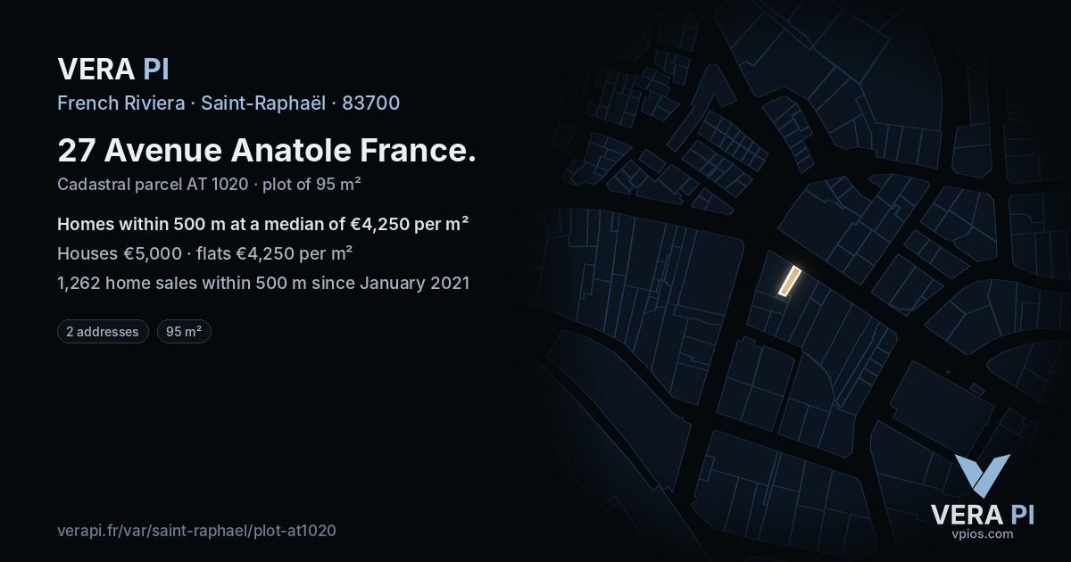27 Avenue Anatole France, Saint-Raphaël at night – the plot lit, the parcels around coloured by the prices near them