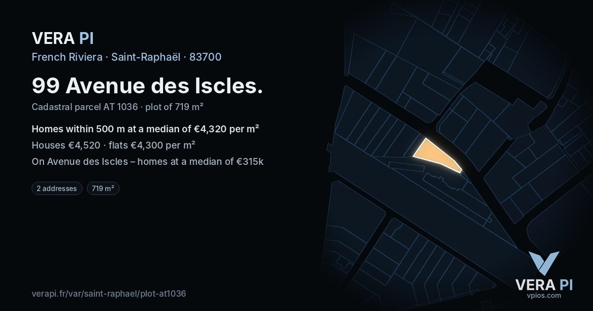 99 Avenue des Iscles, Saint-Raphaël at night – the plot lit, the parcels around coloured by the prices near them